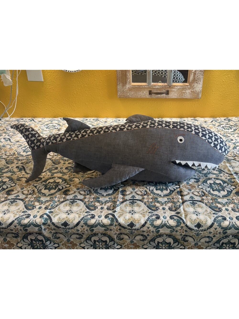 Pottery Barn Patterned Nautical 34” Large Plush Shark Ocean Animal